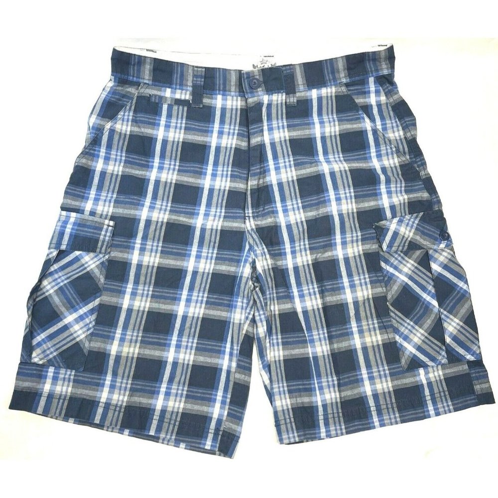 Seven Souls Men's Blue Plaid Long Cargo Shorts  Size 36" Inseam 10"